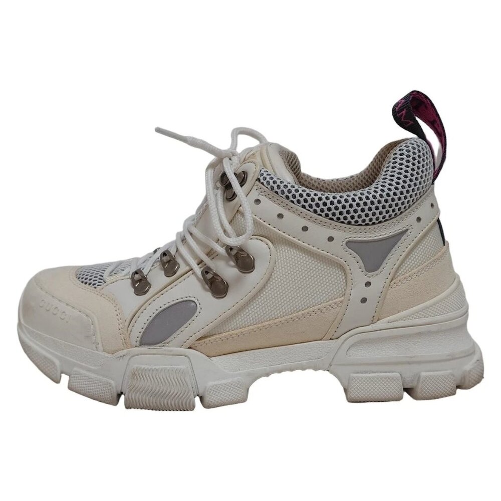 GUCCI - White Gray Chemical Fiber Leather Suede Women's Sneakers 179-053125
